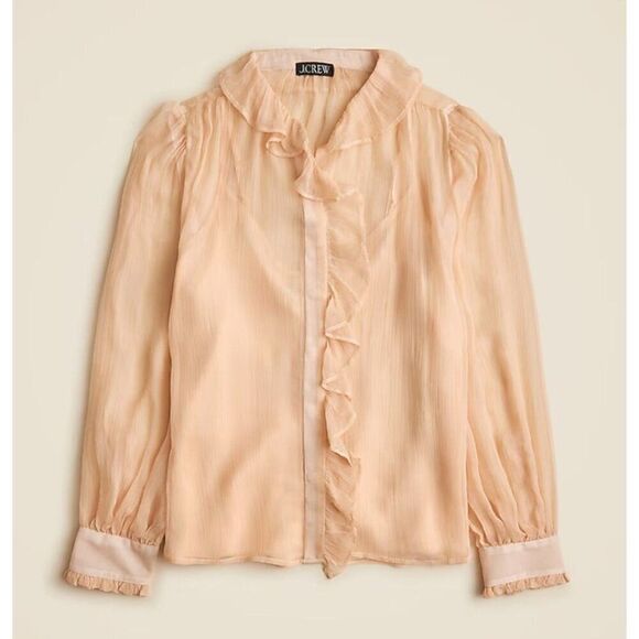 NWT J. Crew Ruffle Button-Up Shirt in Crinkle Chiffon Sz 14 Pale Pink OP $138 - Picture 1 of 12